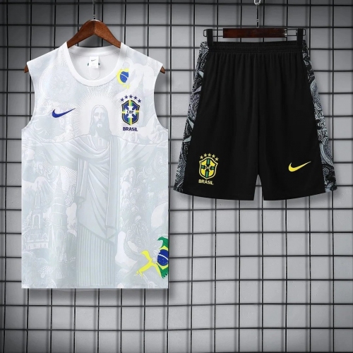 2025 Brazil Pre-Match Training Uniform White Jersey + Shorts