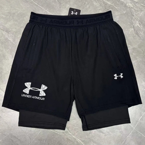 2026UA Black Double Layered Sports Shorts#U3001白花标黑色
