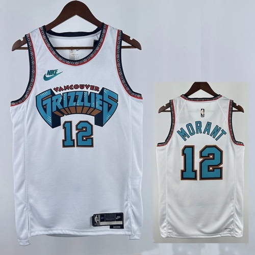 24/25 Grizzlies MORANT #12 White Retro Top Quality Hot Pressing NBA Jersey