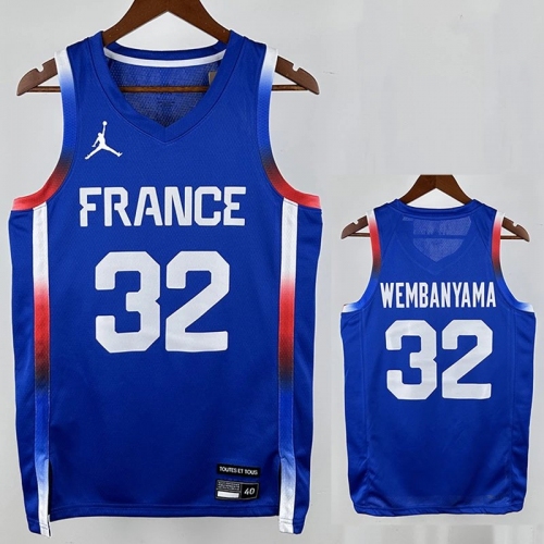 2024 Olympic Game France Wembanyama #32 Blue Basketball Jersey