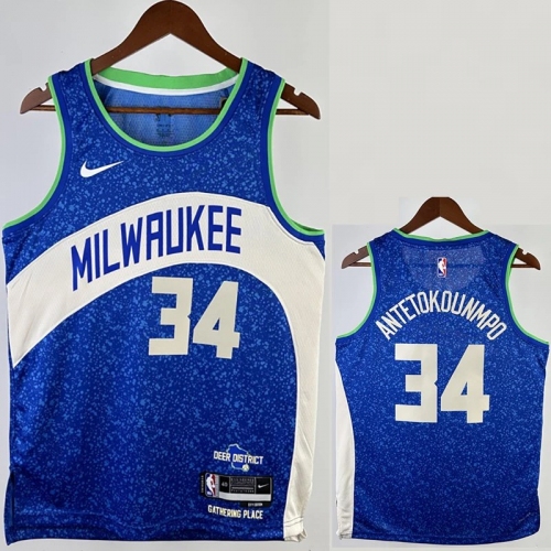 23/24 BUCKS ANTETOKOUNMPO #34 Blue City Edition Top Quality Hot Pressing NBA Jersey