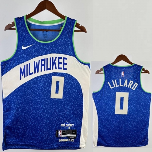 23/24 BUCKS LILLARD #0 Blue City Edition Top Quality Hot Pressing NBA Jersey(V领)