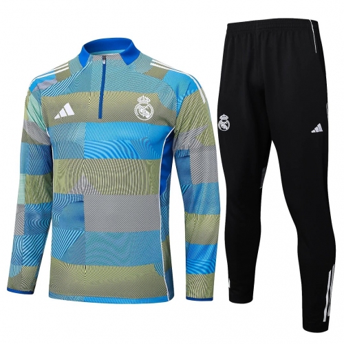 2025/2026 Real Madrid Half-Pull Training Suit Blue-Green Striped Football Shirt