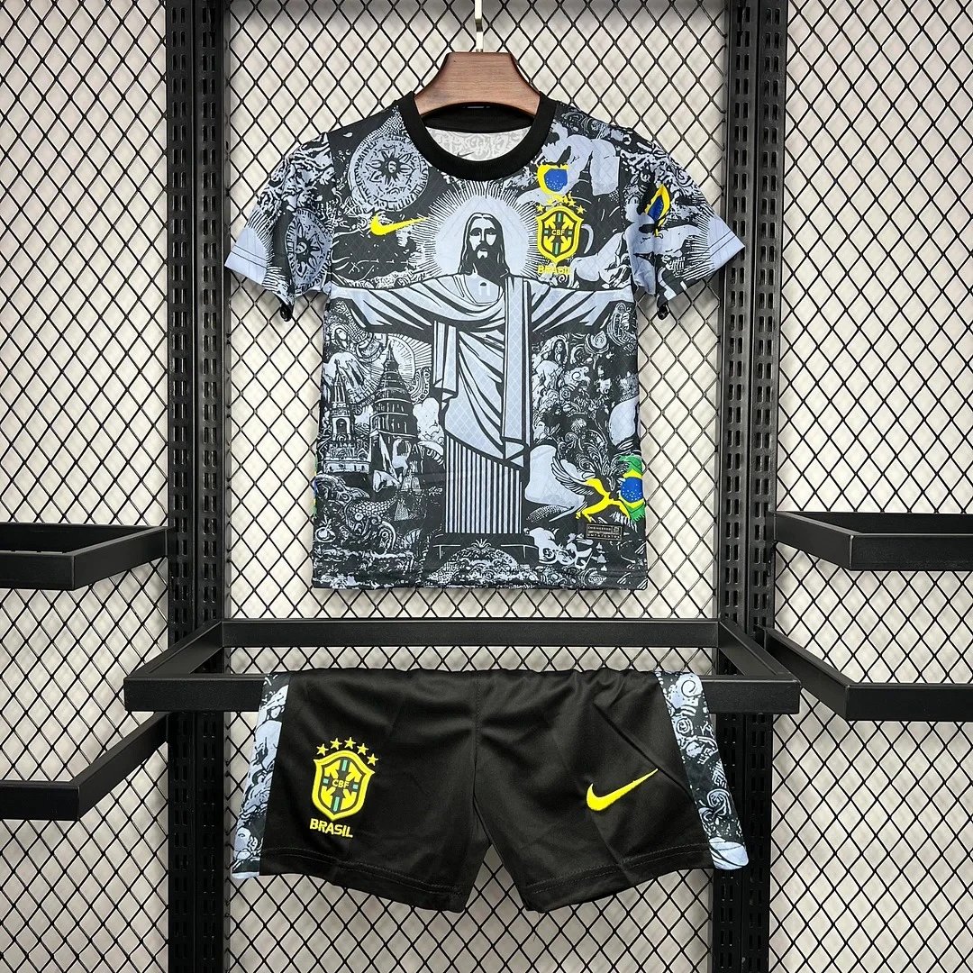 2024 Brazil Special Edition Jesus Black Gray Soccer Jersey Kids Size